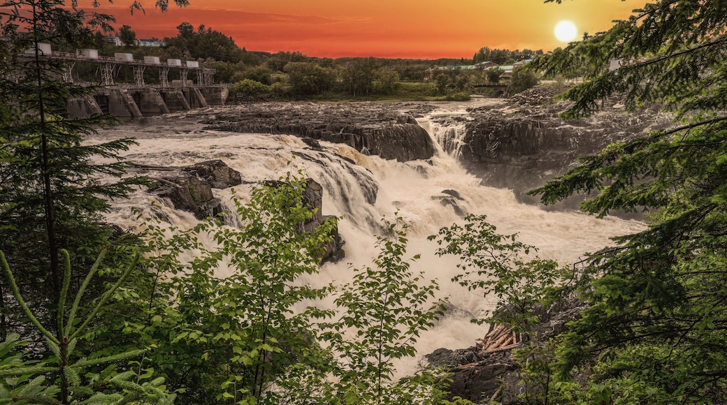 A waterfall cascading over rocks, surrounded by lush greenery and a bridge in the background.
