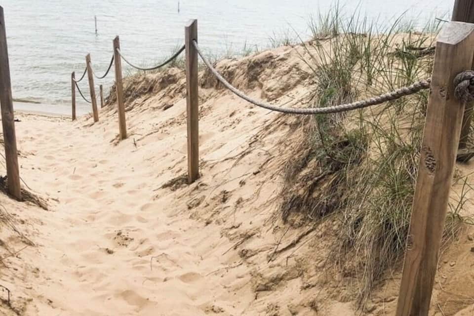 En sti langs en sandstrand med træpæle og reber, der fører hen mod havet.