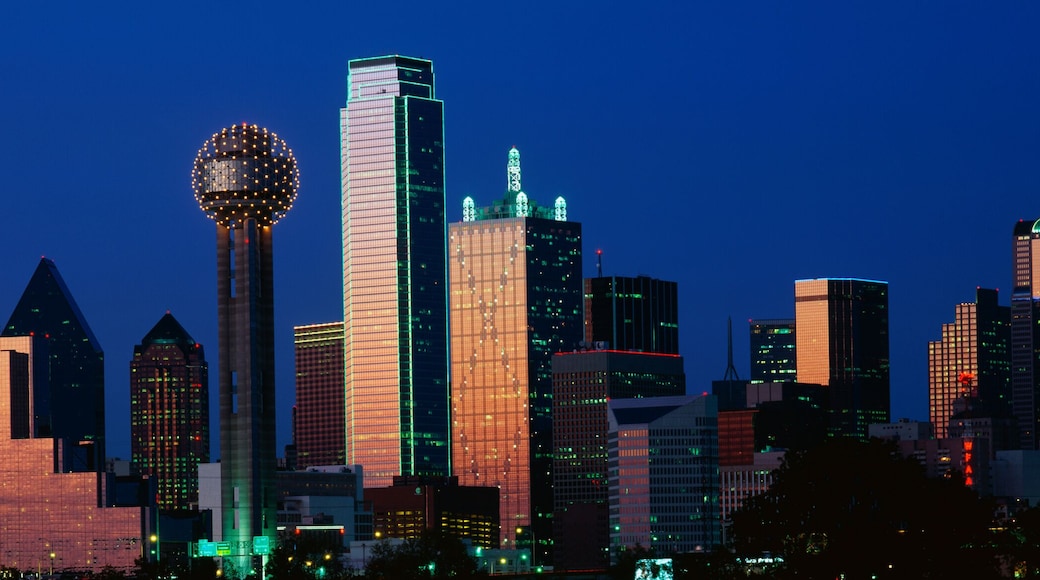 This is the skyline at dusk. It shows the Reunion Tower which is 50 stories high.