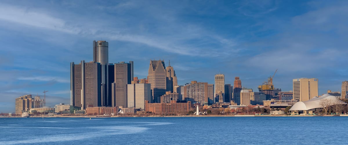 Detroit city skyline view from Belle Isle Park.