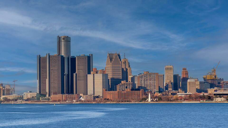 Detroit city skyline view from Belle Isle Park.