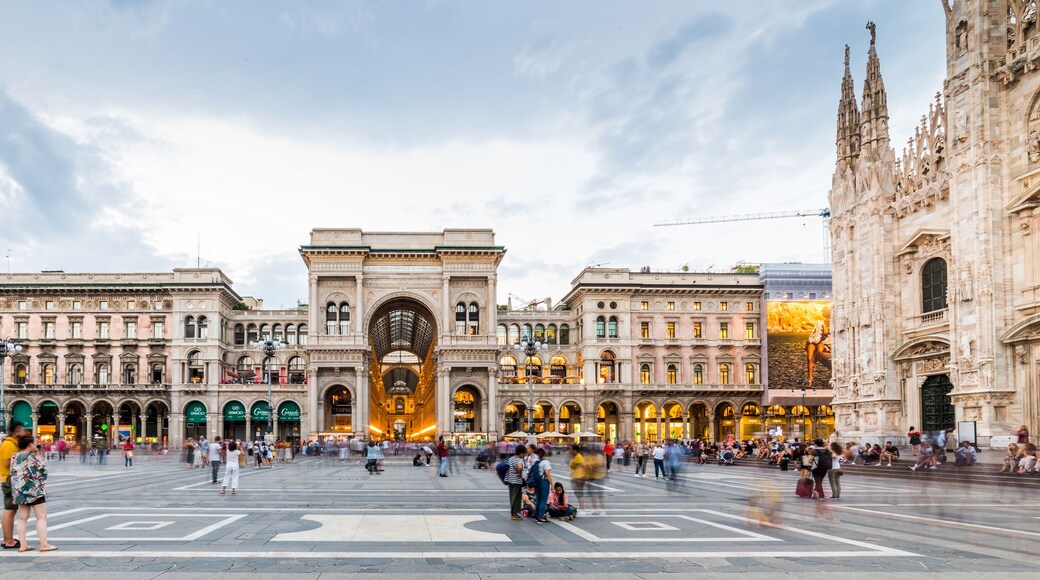 Duomo Square. Duomo di Milano Cathedral and Galleria Vittorio Emanuele II of panoramic view in Duomo Square. Milano, Italy.