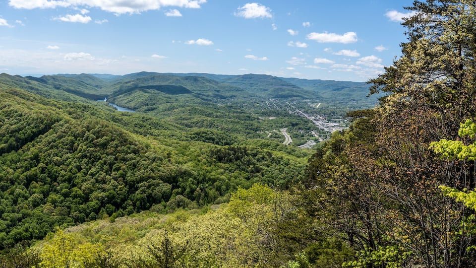 A mountainous landscape with dense forests, a winding road, and a small settlement.