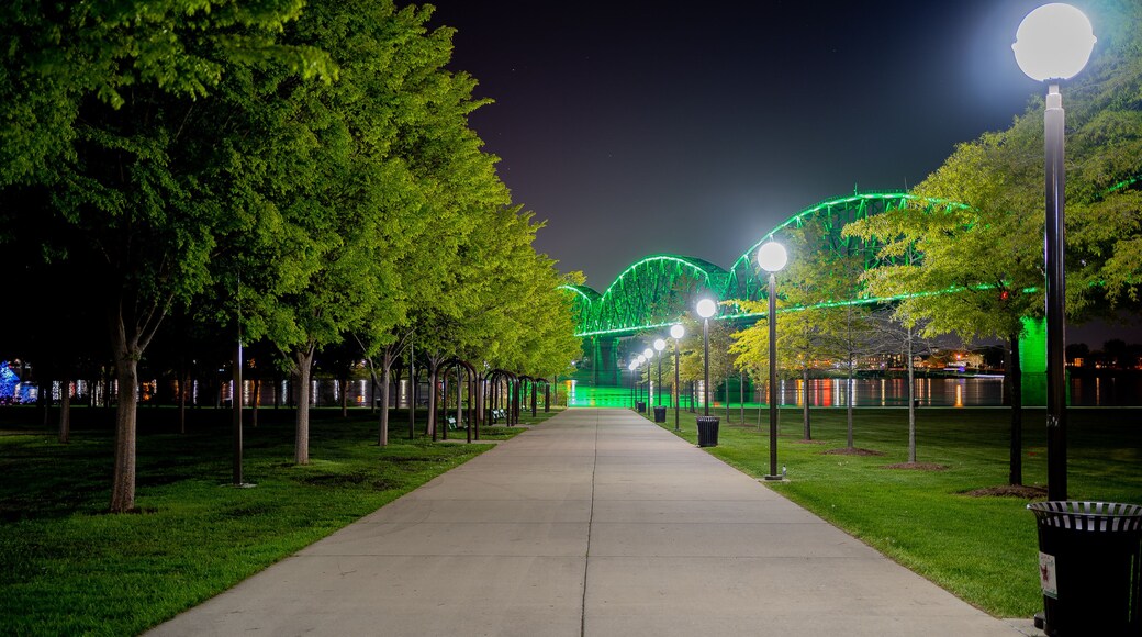 Walkway at Waterfront Park in Louisville, KY with the Big Four bridge in background lit green to mark those who have lost their lives to COVID-19.