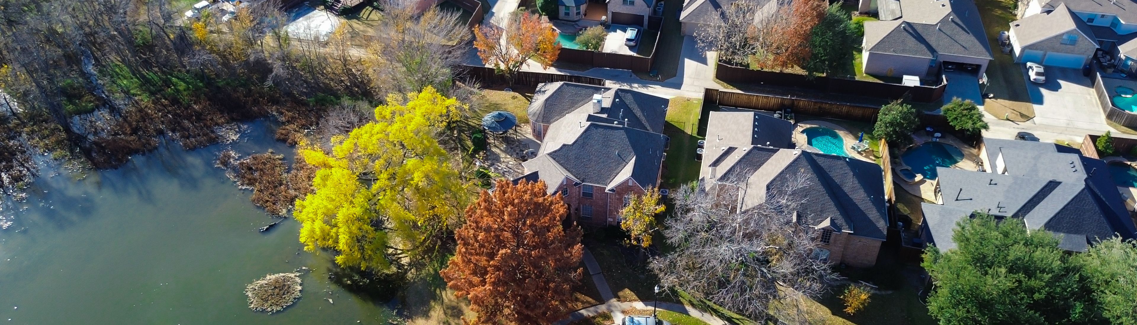 Panorama aerial view Coppell homes with pools and fenced yards line street beside lake; autumn trees in yellow and brown frame the natural shoreline and suburban edge with seasonal warmth, Texas