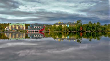 Gravenhurst, Ontario / Canada - 10/05/2008: water reflection of the buildings in the waterfront in Gravenhurst, Ontario, Canada.