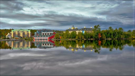 Gravenhurst, Ontario / Canada - 10/05/2008: water reflection of the buildings in the waterfront in Gravenhurst, Ontario, Canada.