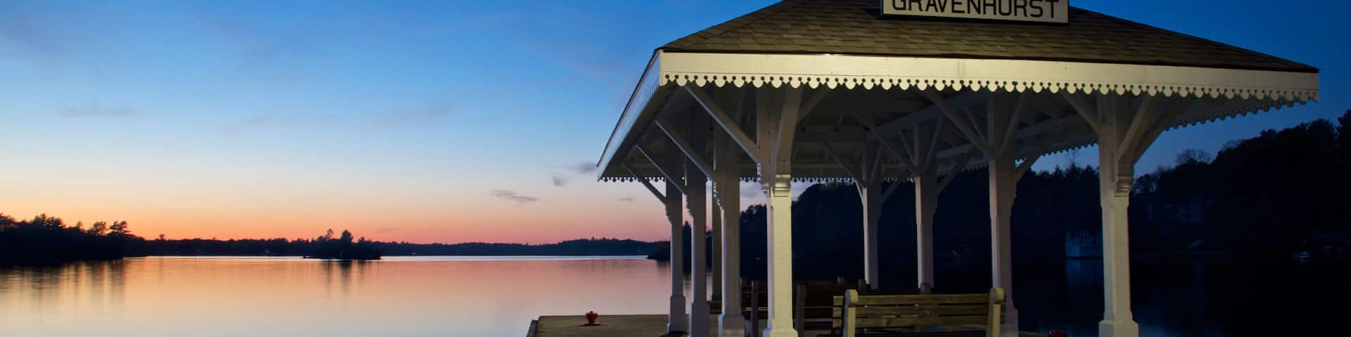 Landscape scene of the pier at twilight, Gravenhurst, Ontario, Canada.
