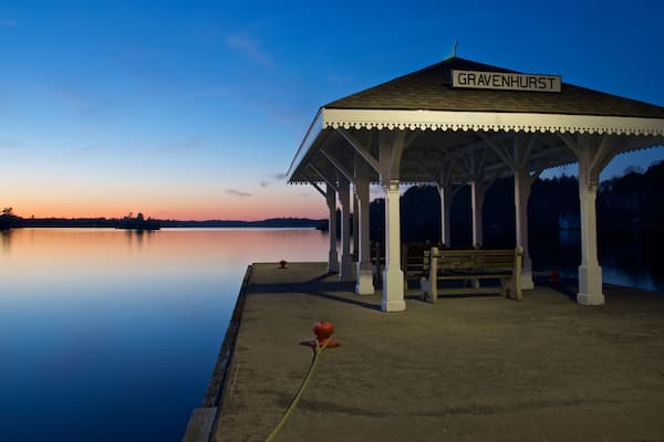 Landscape scene of the pier at twilight, Gravenhurst, Ontario, Canada.