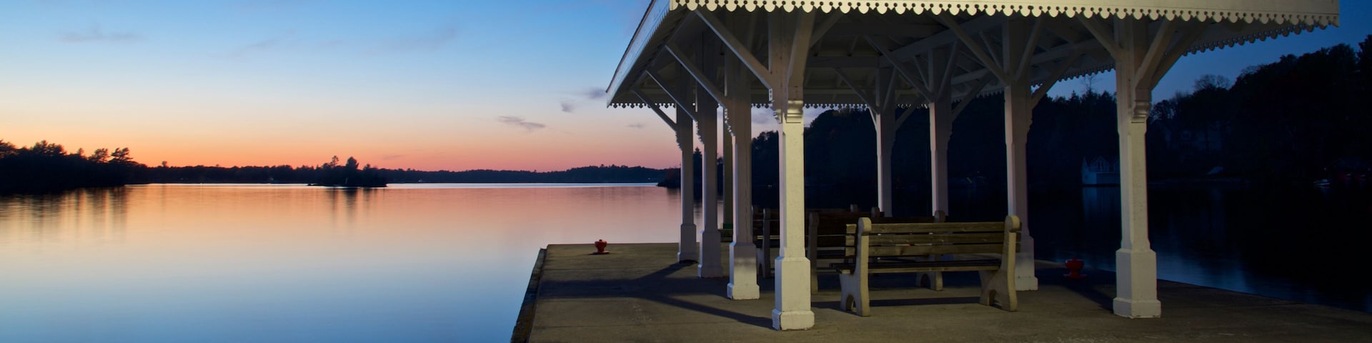 Landscape scene of the pier at twilight, Gravenhurst, Ontario, Canada.