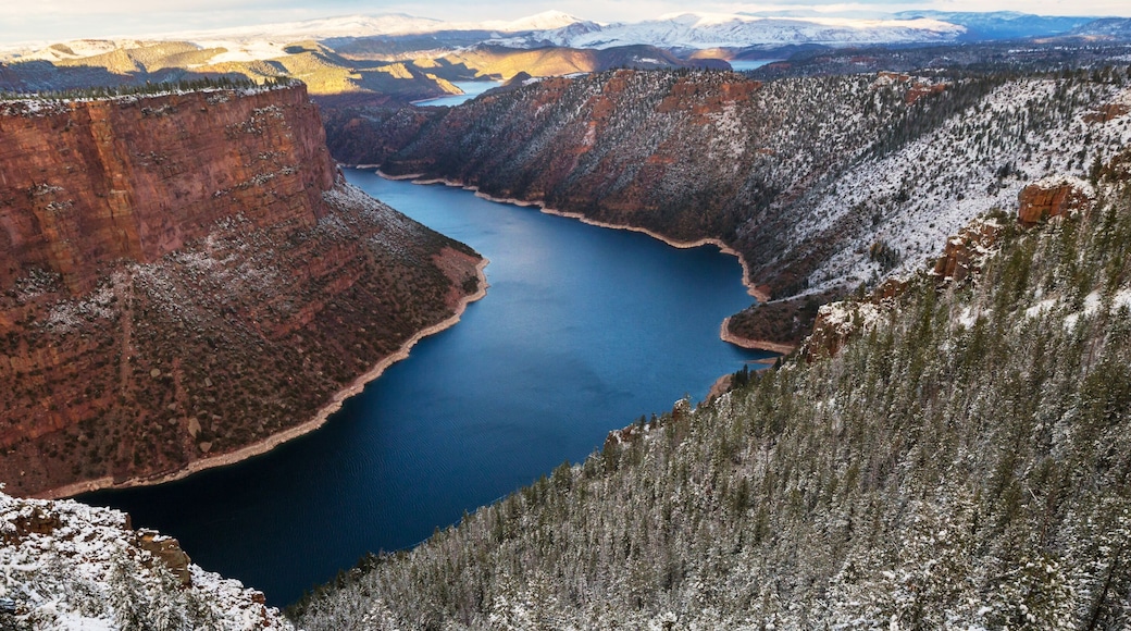 Un canyon profond, traversé par une rivière, entouré de montagnes enneigées et d’une végétation clairsemée.