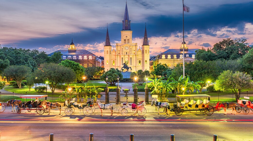 A historic church with two spires, surrounded by lush greenery and a street with horse-drawn carriages.