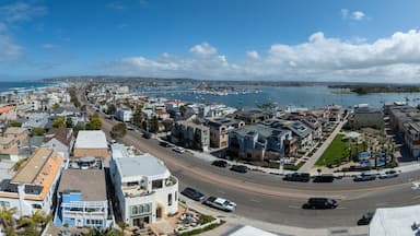 Aerial view of Mission Beach in San Diego California with sandy beach and vacation rental houses