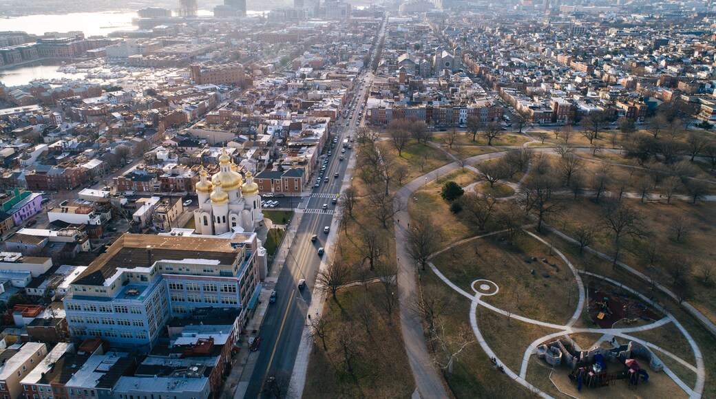 Aerial view of Eastern Avenue and Patterson Park, in Baltimore,
