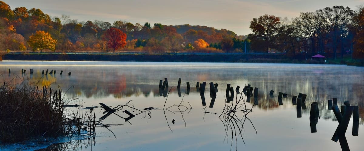 A calm lake with autumn-colored trees and wooden posts in the foreground.