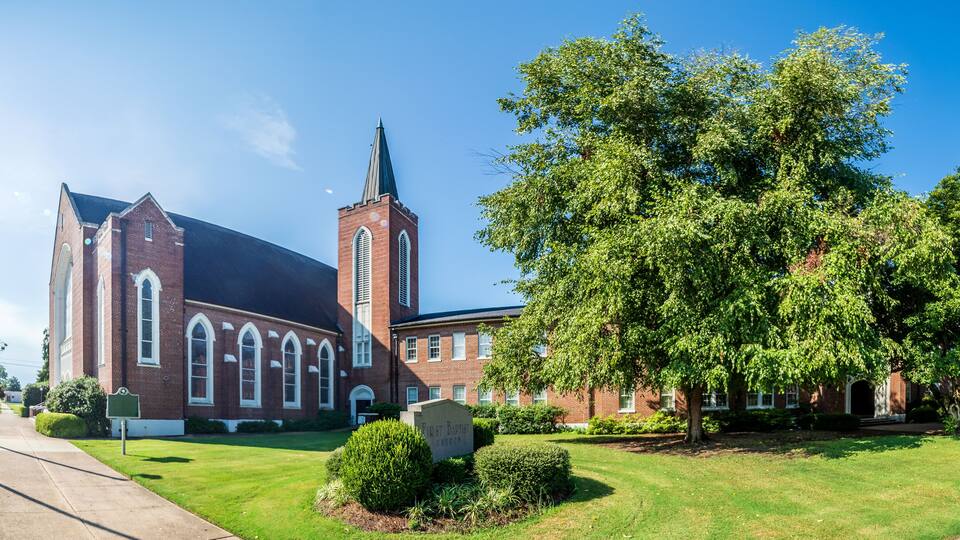 A church with a steeple and a large tree in front.