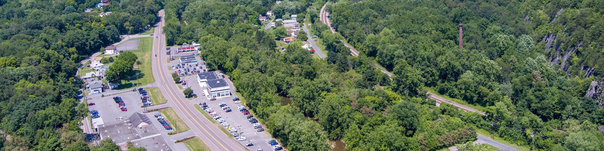 Aerial view of Wills Creek near La Vale (Narrows Park), Allegany County, Maryland. La Vale is located in the Ridge and Valley region of the Appalachian Mountains.