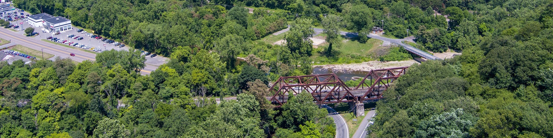 Aerial view of Wills Creek near La Vale (Narrows Park), Allegany County, Maryland. La Vale is located in the Ridge and Valley region of the Appalachian Mountains.