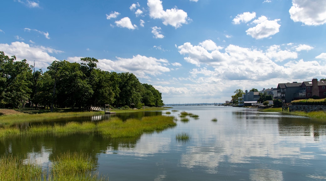 View over the tranquil water of Smith Cove in Greenwich, CT, USA with view towards the Long Island sound and large cumulus clouds in blue sky reflected in water