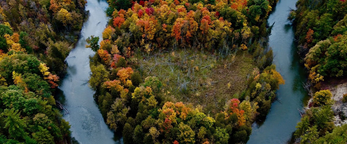 Aerial view of a lake with patches of bright colorful autumn trees in Greenwood