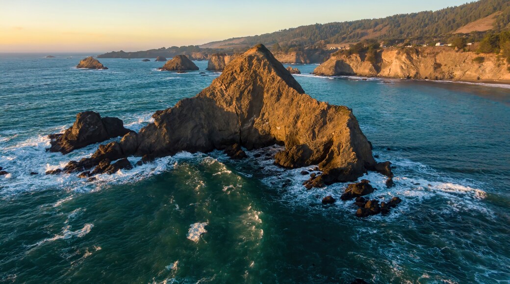 Coastal landscape of Northern California, USA, featuring rugged cliffs and sea stacks along the Pacific Ocean in Greenwood Creek State Beach, Elk, California, USA. Waves crash against the rocks