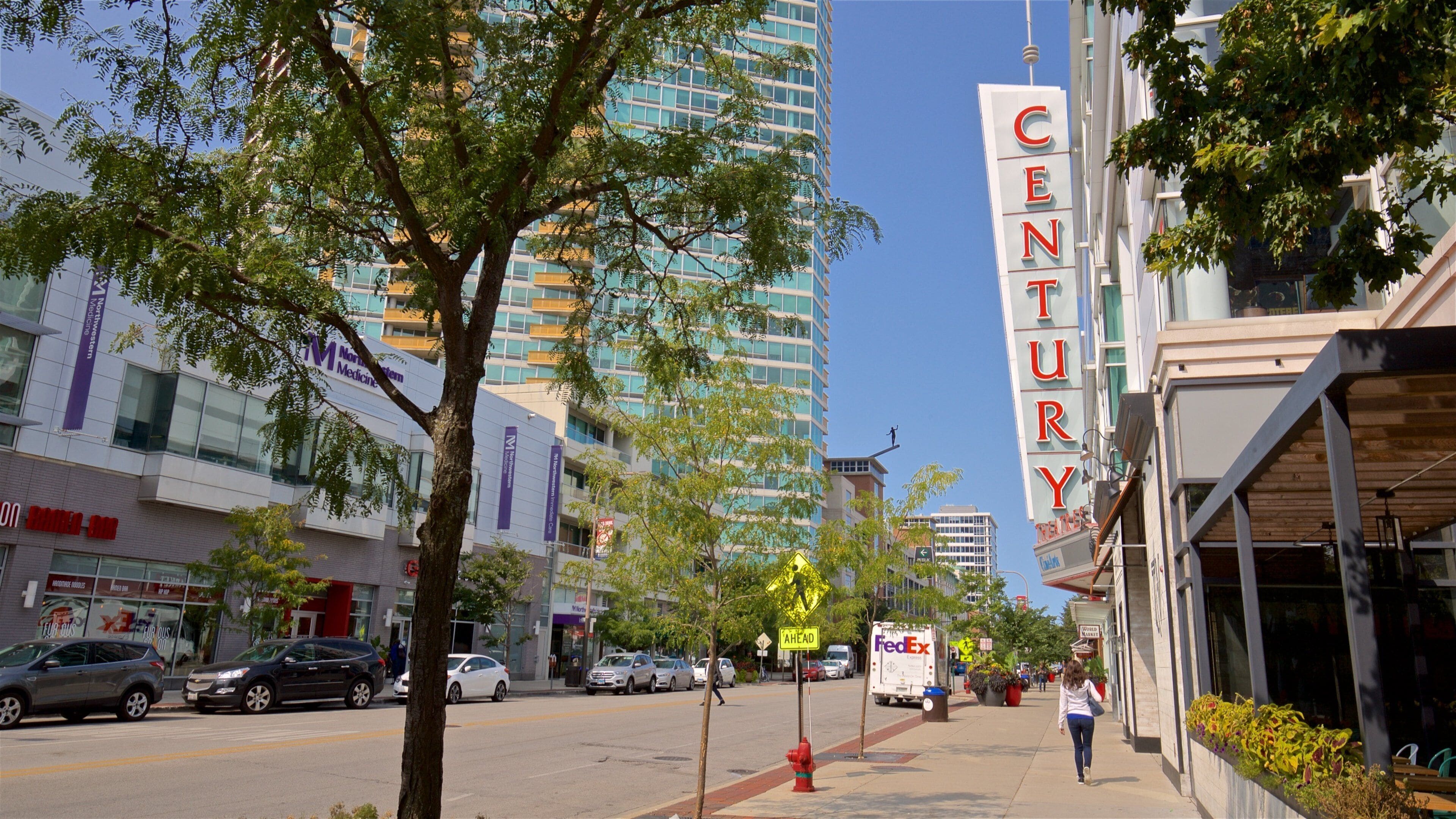 Evanston featuring a city and signage