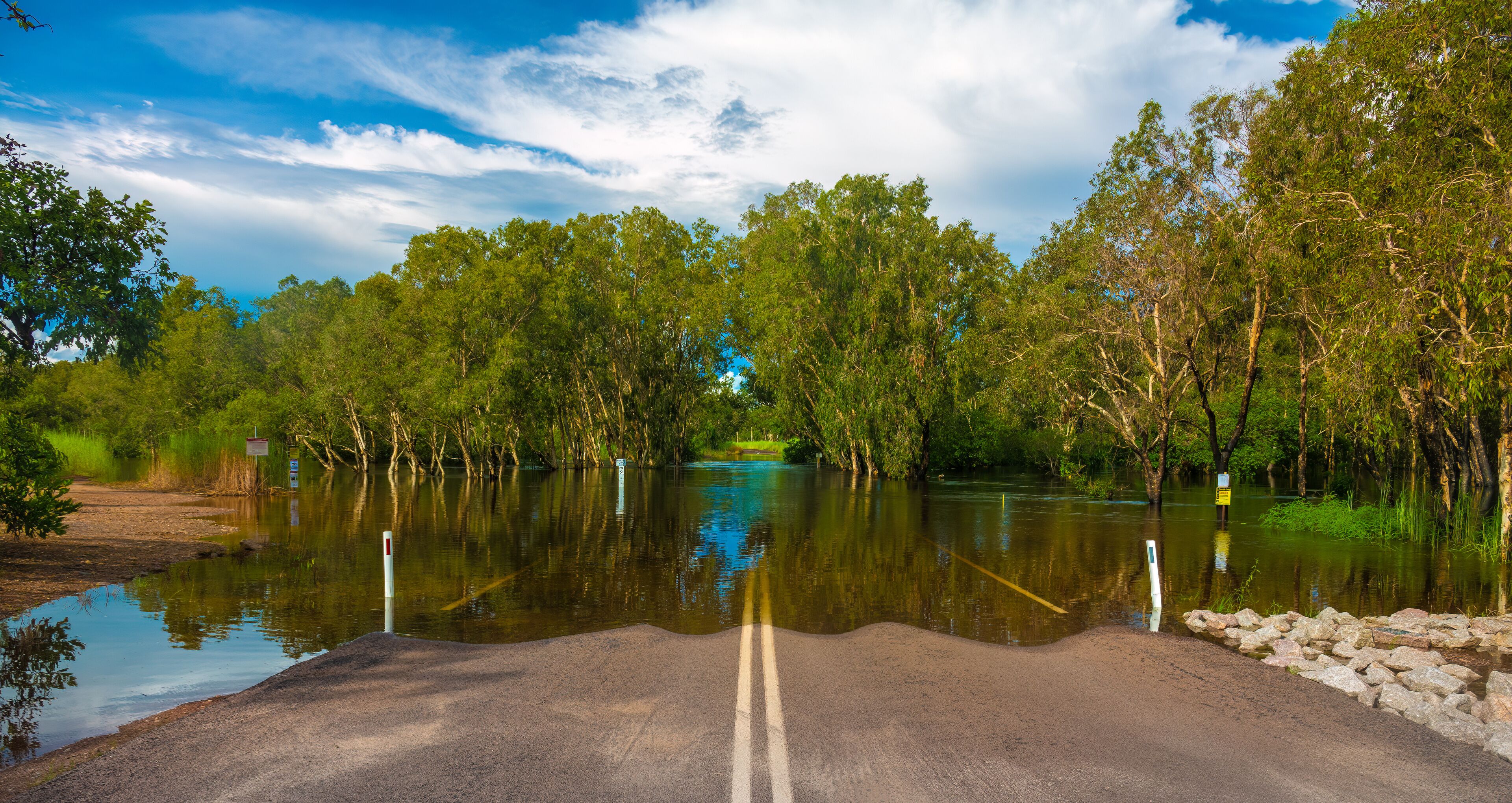 Una carretera inundada, con árboles y cielo despejado.