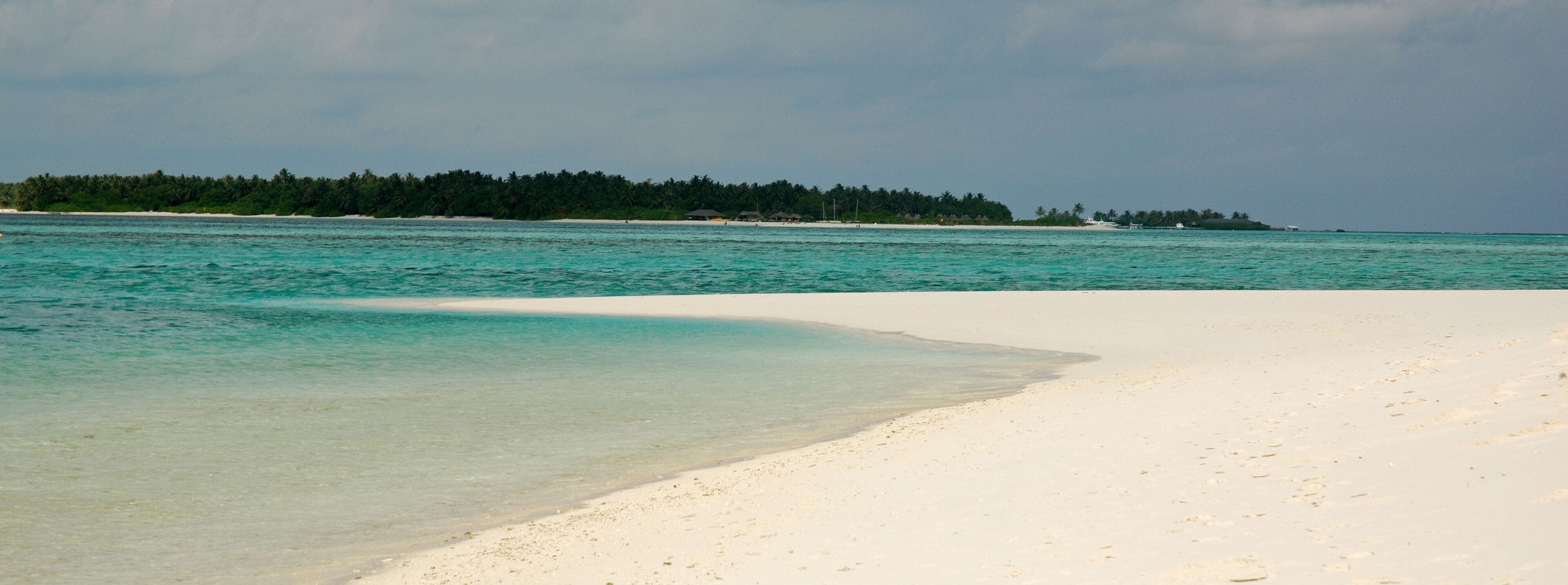 A beach with clear turquoise water and white sand, surrounded by a forested island.