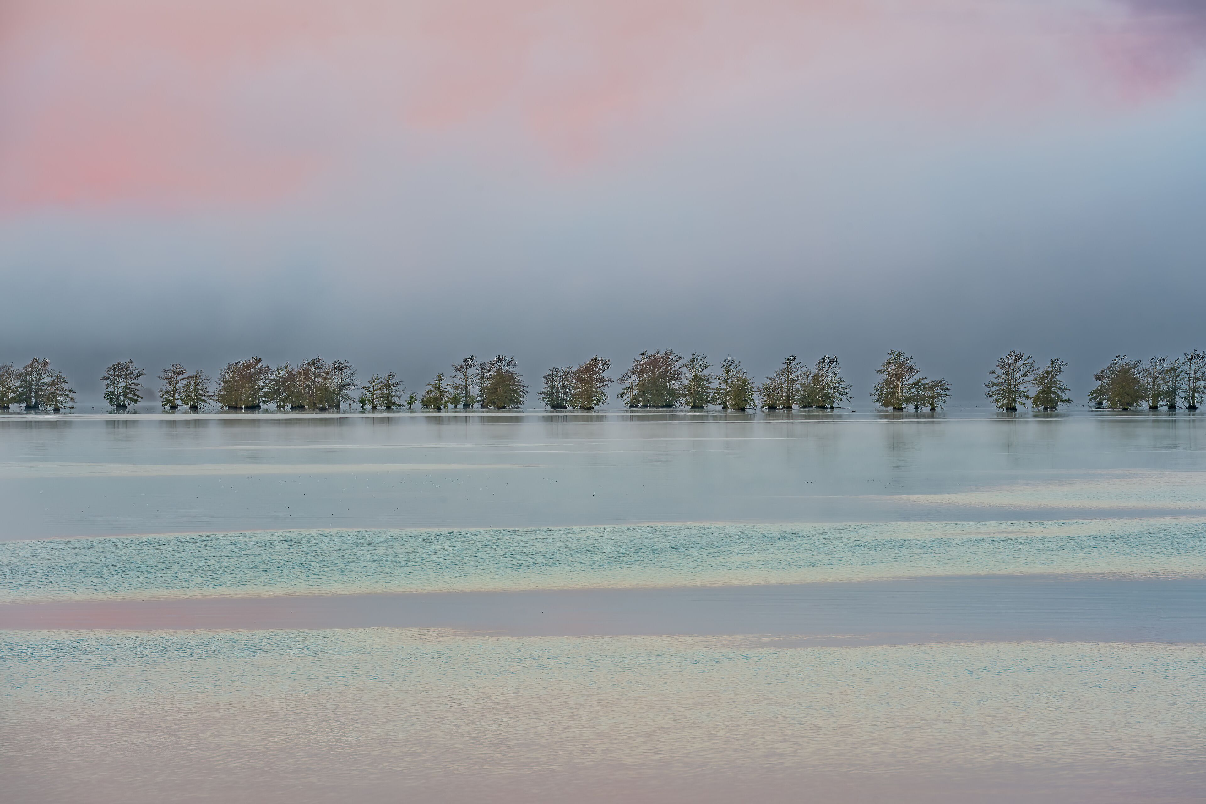 A calm lake with a row of trees in the background and a cloudy sky.