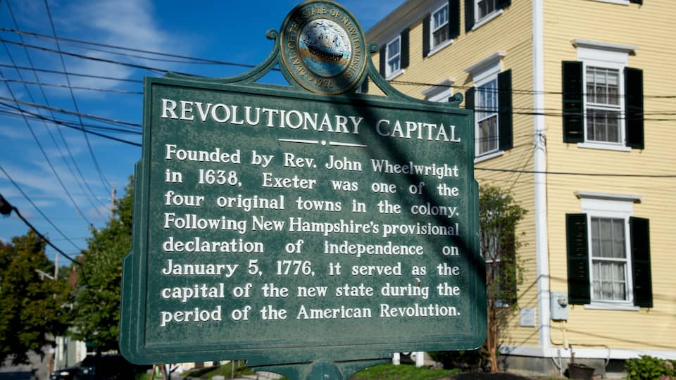 A historical sign about Revolutionary Capital, mentioning its founding by Rev. John Wheelwright in 1638 and its role during the American Revolution.