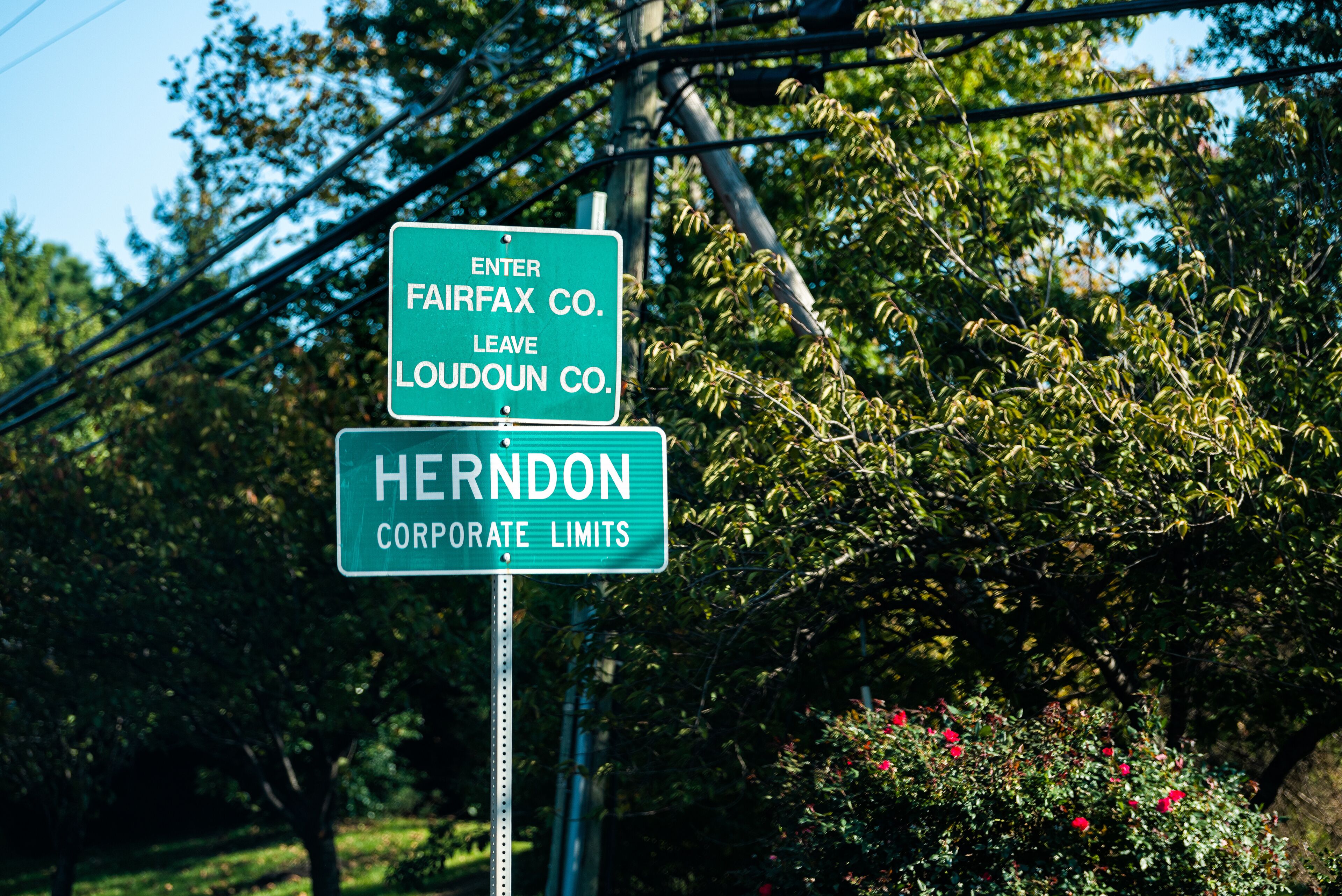Road sign for city or town of Herndon corporate limits with enter Fairfax leave Loudoun county in Northern Virginia suburbs by green trees park near Washington DC
