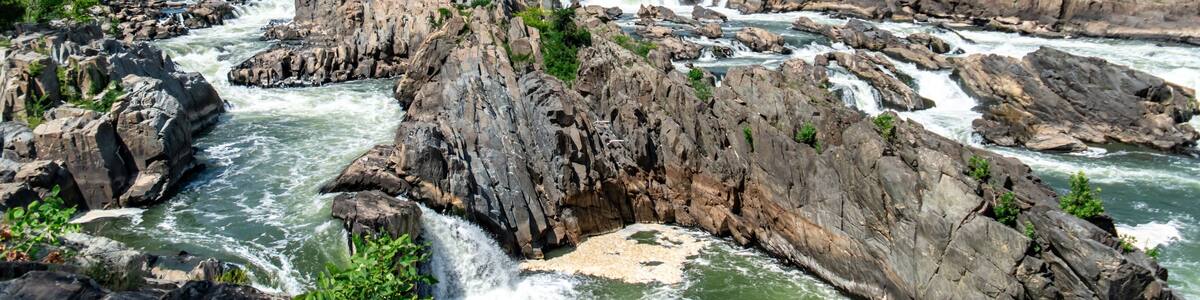 Jagged rocks, breathtaking views, and the dangerous white waters of the Potomac River at the Great Falls Park in McLean, Fairfax County, Virginia.