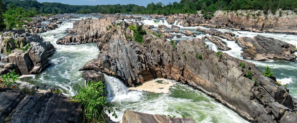 Jagged rocks, breathtaking views, and the dangerous white waters of the Potomac River at the Great Falls Park in McLean, Fairfax County, Virginia.