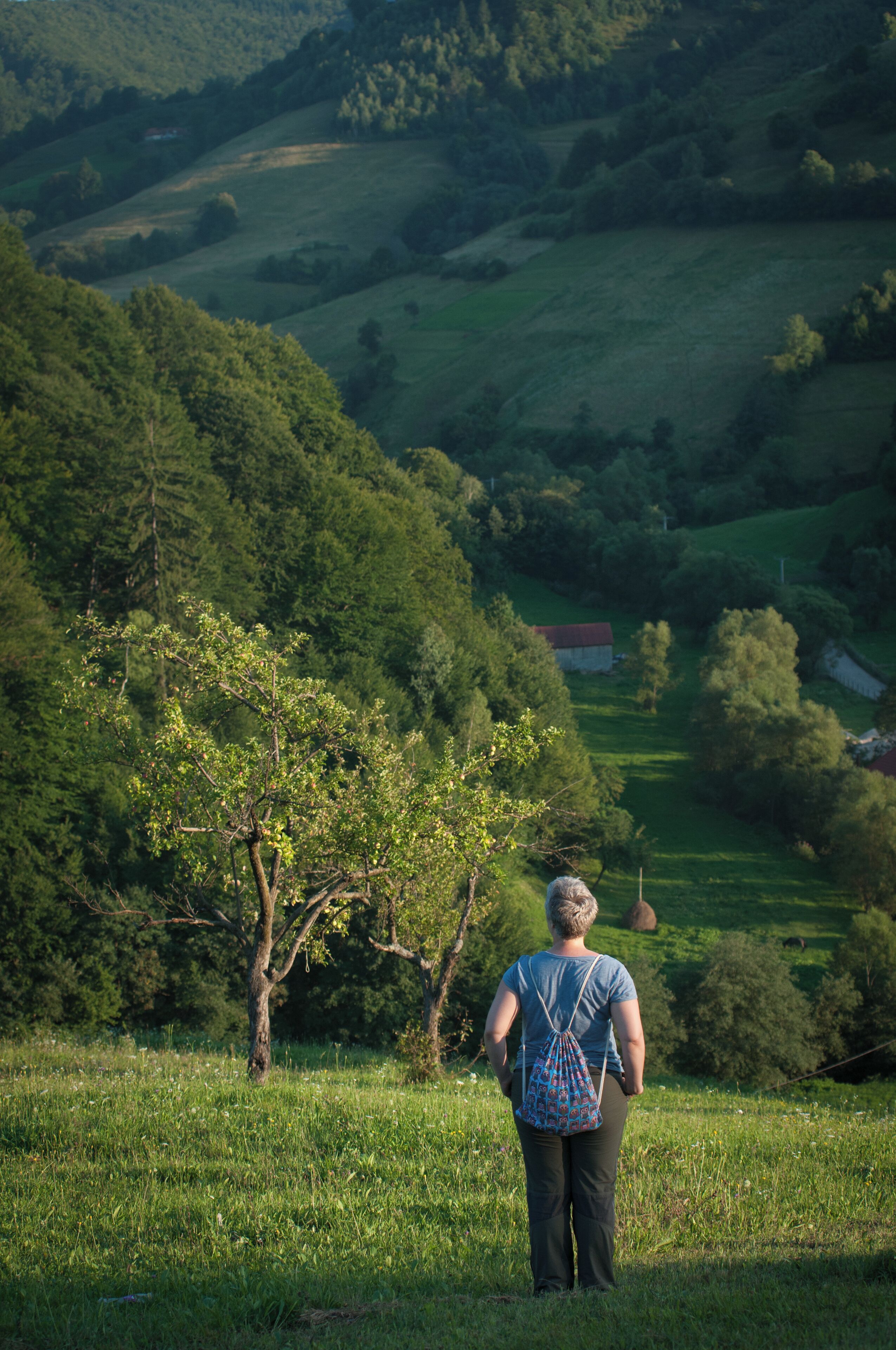 A woman standing on a grassy hill overlooking a valley with trees and a red-roofed building.