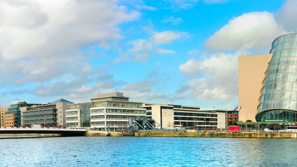 Trendy Dublin riverside. Panoramic image of Convention Centre and Samuel Beckett Bridge over the river Liffey in refurbished docklands area