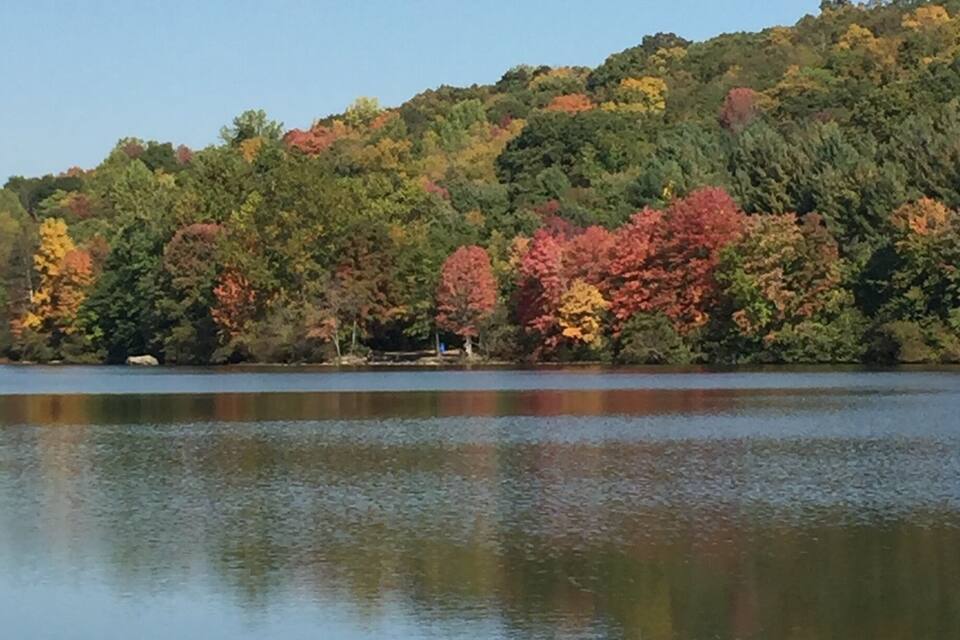 A calm lake with autumn-colored trees reflecting on the water.