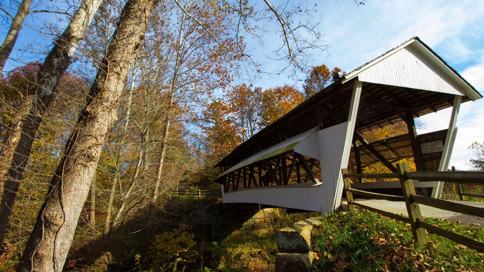 A wooden bridge with a white shelter, surrounded by trees and a stone wall.