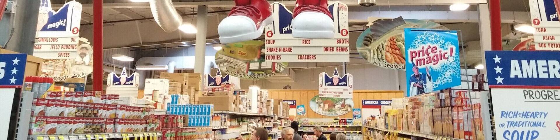 An enormous anthropomorphic can of Campbell's Soup flanked by the Campbell's Kids on a giant playground swings looms overhead. M'm! M'm! Weird!
Just one of many, many oddities that greet visitors/shoppers of Jungle Jim’s International Market, a 200,000 square feet destination grocery store!
