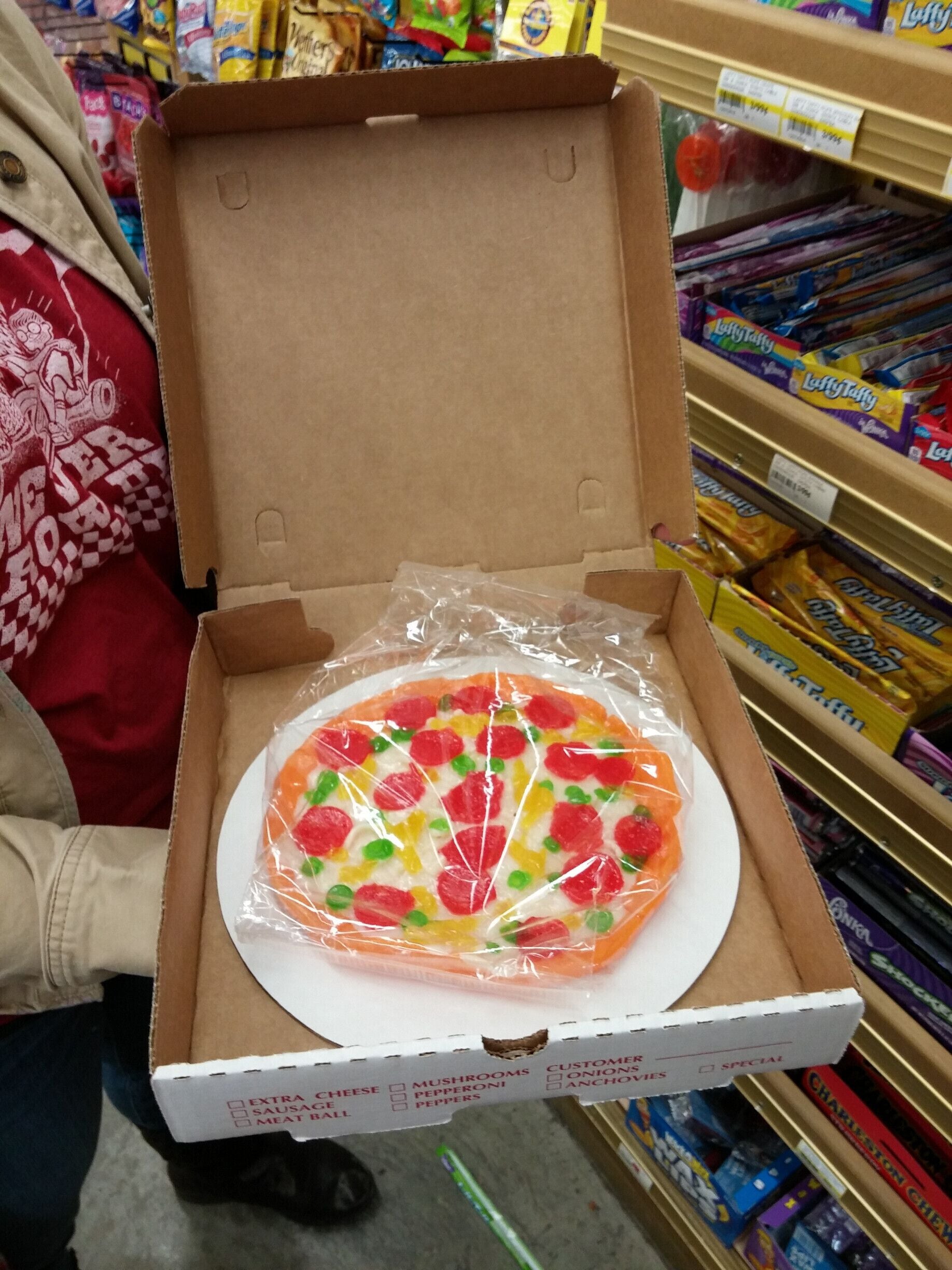 An actual size gummy pizza in a pizza box!

Just one of many, many oddities that greet visitors/shoppers of Jungle Jim’s International Market, a 200,000 square feet destination grocery store!