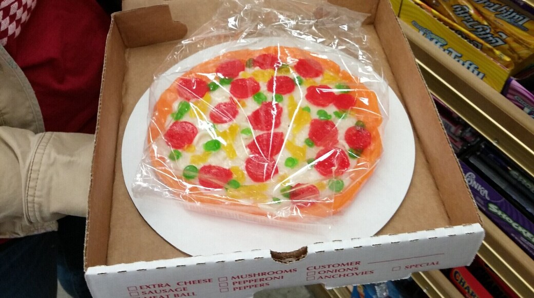 An actual size gummy pizza in a pizza box!
Just one of many, many oddities that greet visitors/shoppers of Jungle Jim’s International Market, a 200,000 square feet destination grocery store!