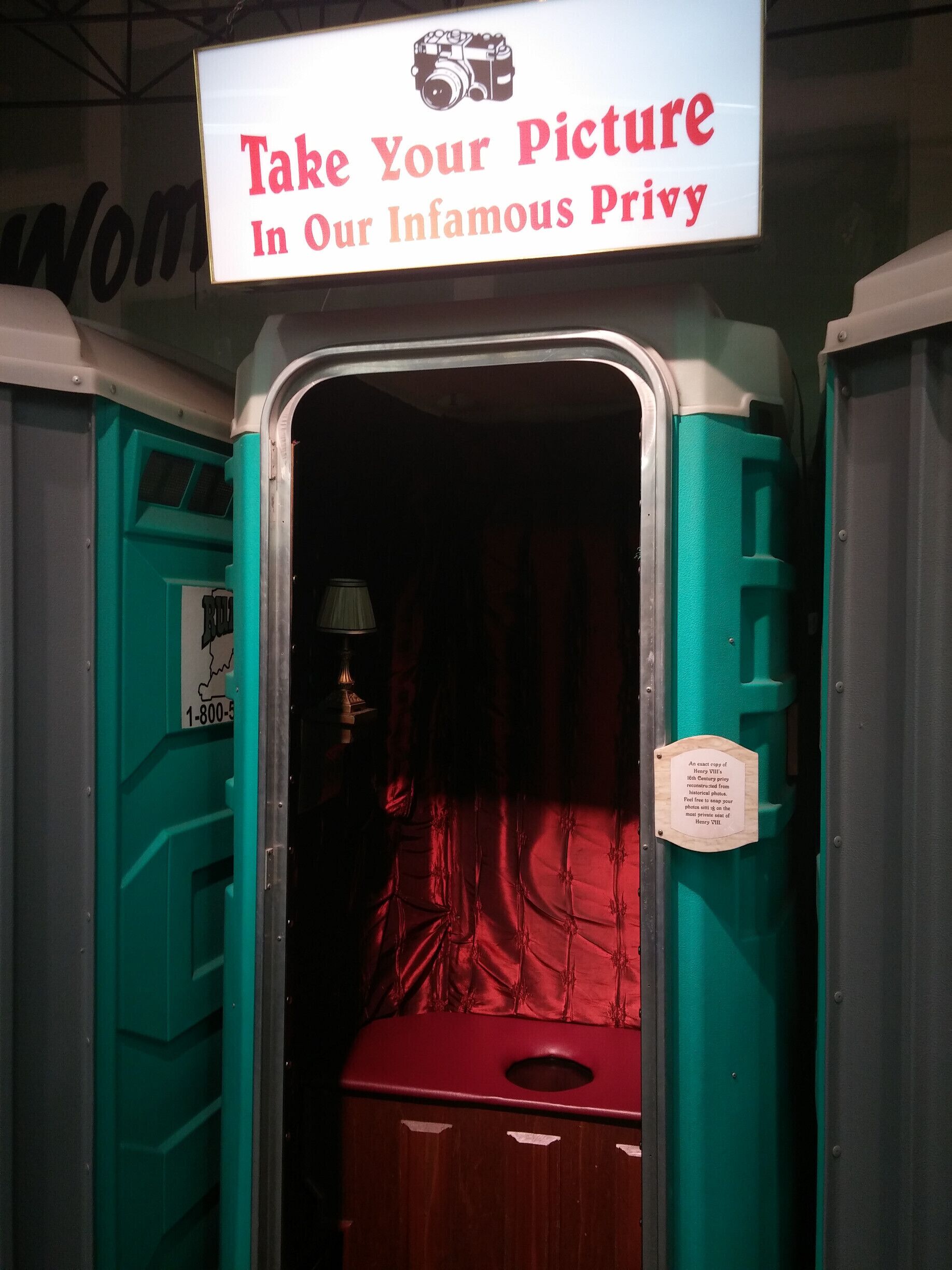An exact copy of Henry VIII's 16th century privy reconstructed from historical photos inside a port-a-john.

The two flanking port-a-johns are actually false doorways that lead into full size men's and women's restrooms. 

Just one of many, many oddities that greet visitors/shoppers of Jungle Jim’s International Market, a 200,000 square feet destination grocery store!