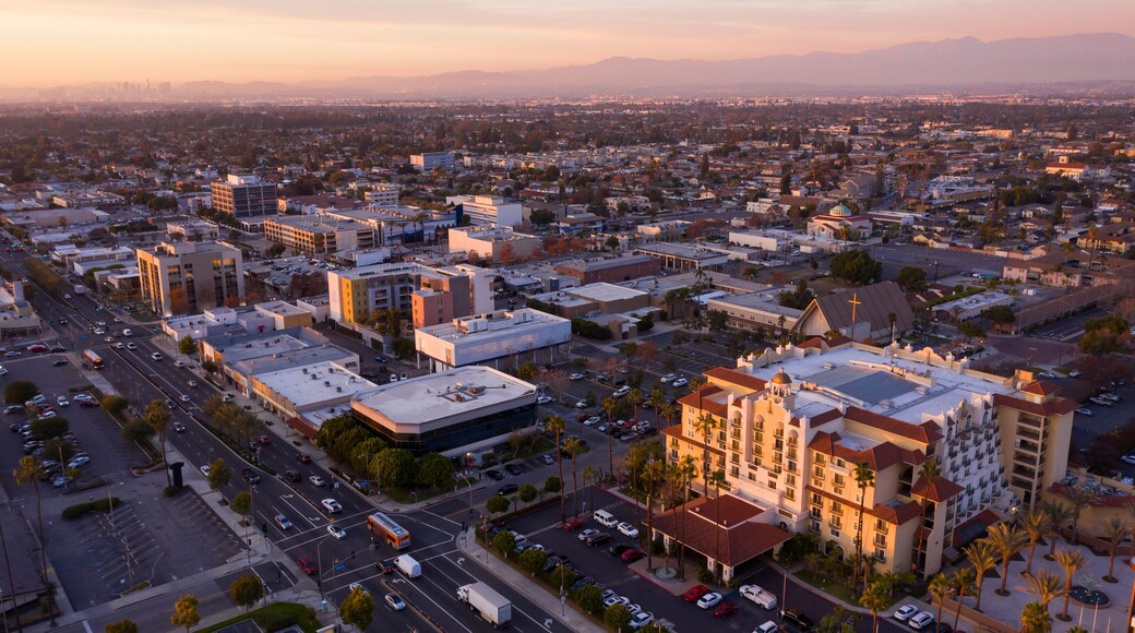Sunset aerial view of downtown Downey, California, USA.