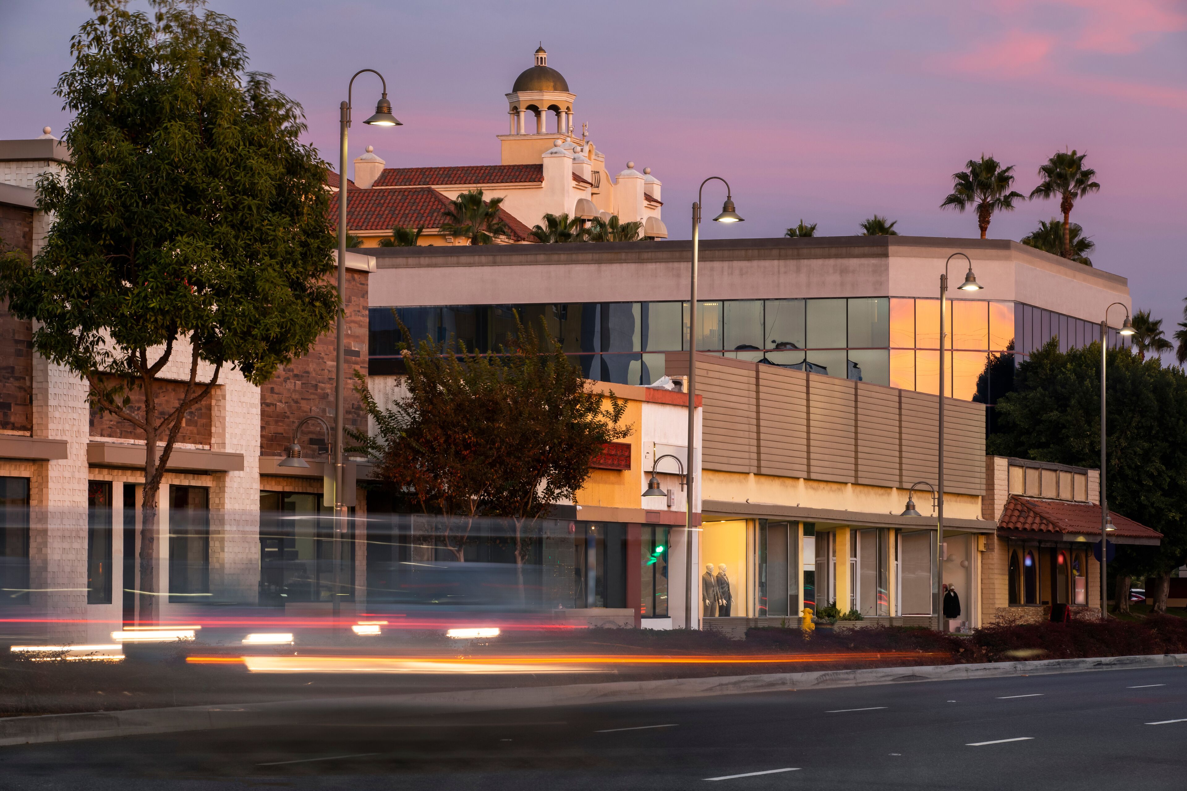 Twilight view of the downtown skyline of Downey, California, USA.