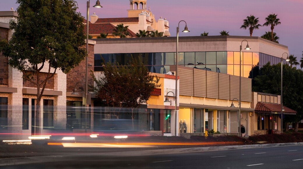Twilight view of the downtown skyline of Downey, California, USA.