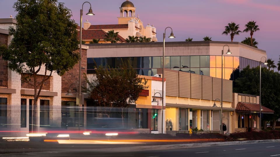 Twilight view of the downtown skyline of Downey, California, USA.