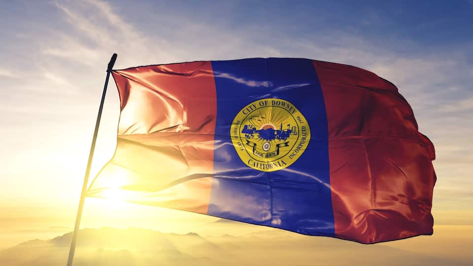 A flag with a blue and red design and a circular emblem, waving against a sunset sky.