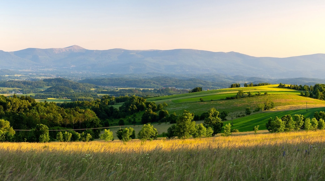 panoramic view on Karkonosze mountains during summer sunset