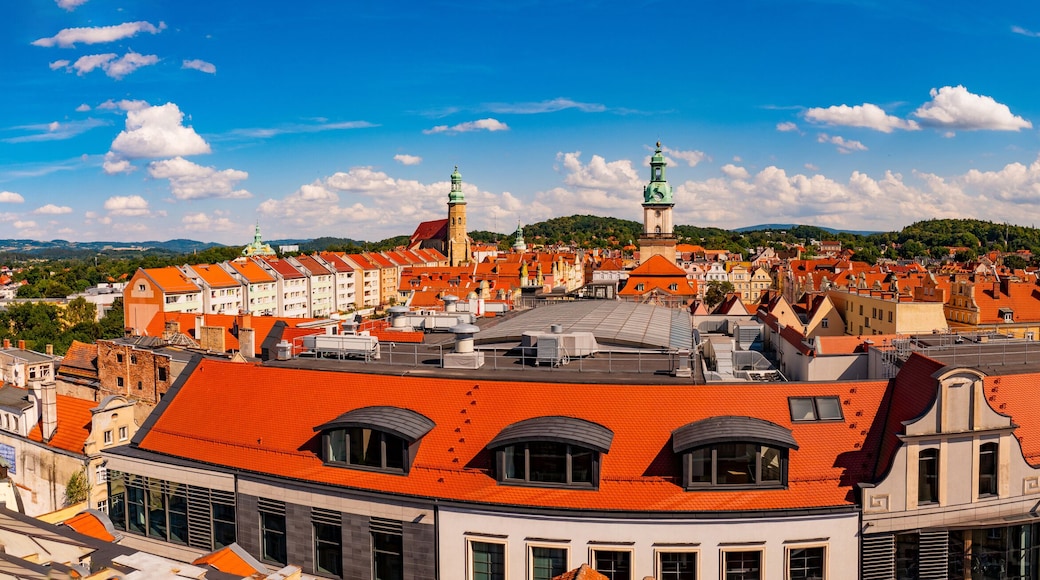 02 08 2022: panorama top view of the market square in old town of Jelenia Gora, Poland