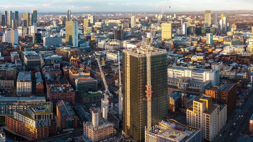 Panoramic aerial image of Northern Quarter area of Manchester, United Kingdom.