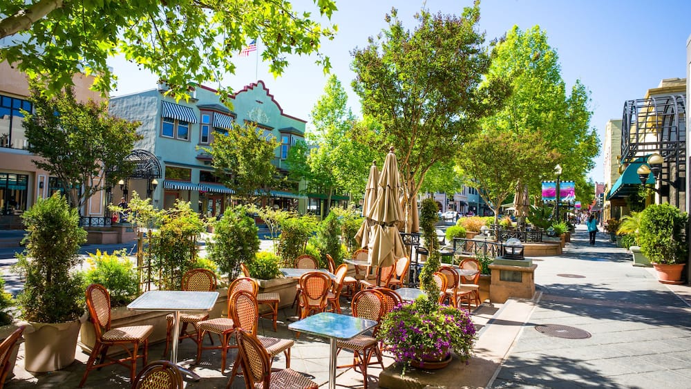 Castro Street in downtown Mountain View, California, USA. Morning sunshine.
